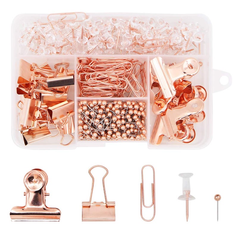 Apol 500PCS Office Stationery Set,Rose Gold Paper Clips Binder Clips Push Pins Round Head Pins 5 in 1 Box for Home School Office Supplies - Image 1